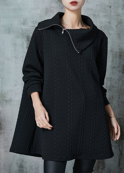 Black Asymmetrical Zippered Knit Sweatshirt Spring