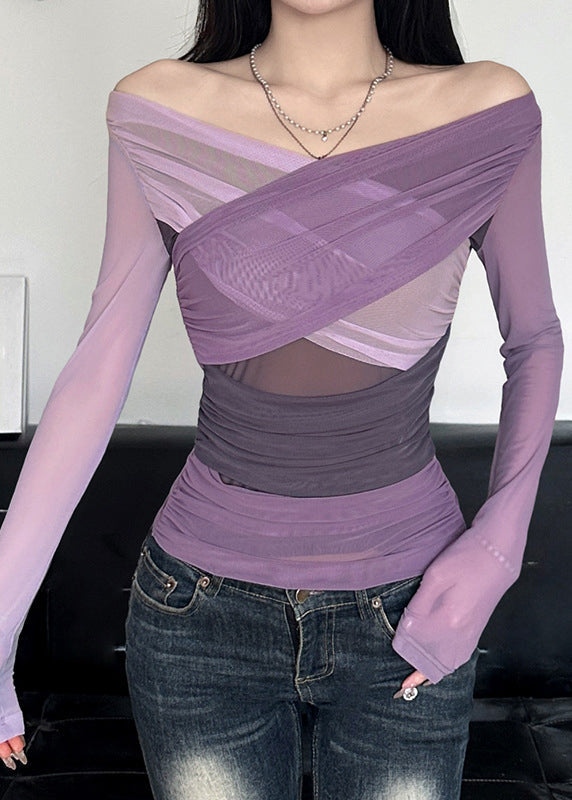 Purple Slash Neck Wrinkled Tulle Top Spring