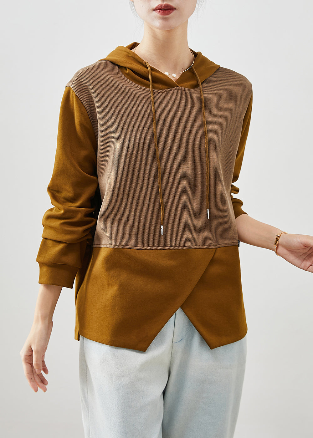Brown Asymmetrical Patchwork Cotton Sweatshirts Top Fall