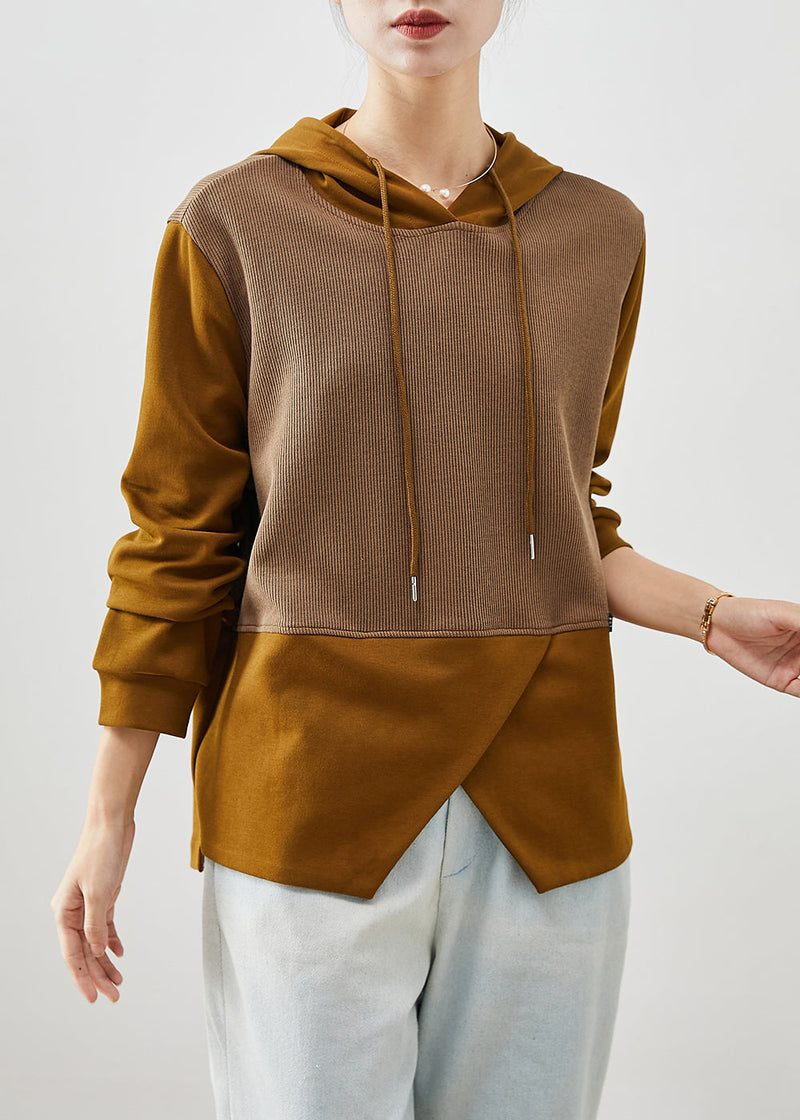 Brown Asymmetrical Patchwork Cotton Sweatshirts Top Fall