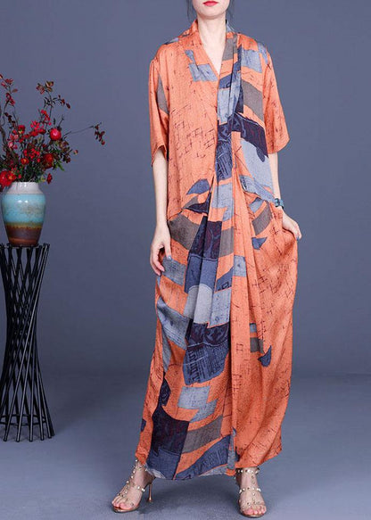 Handmade Orange Print Asymmetrical Design Loose Long Summer Dress