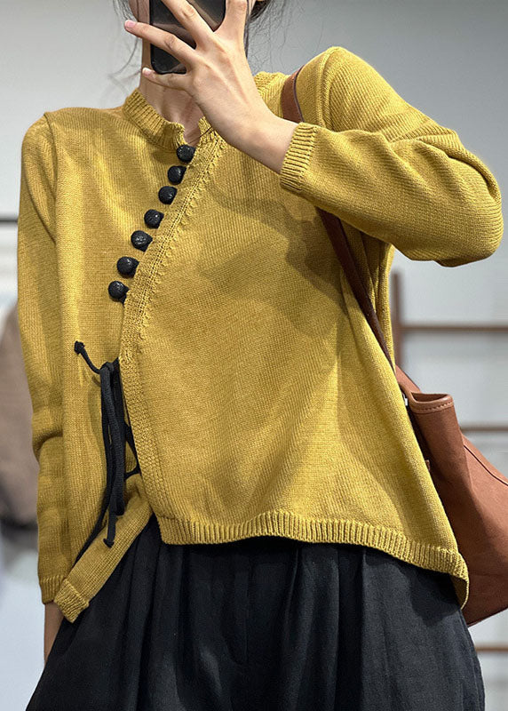Yellow Asymmetrical Design Lace Up Knit Sweater Tops