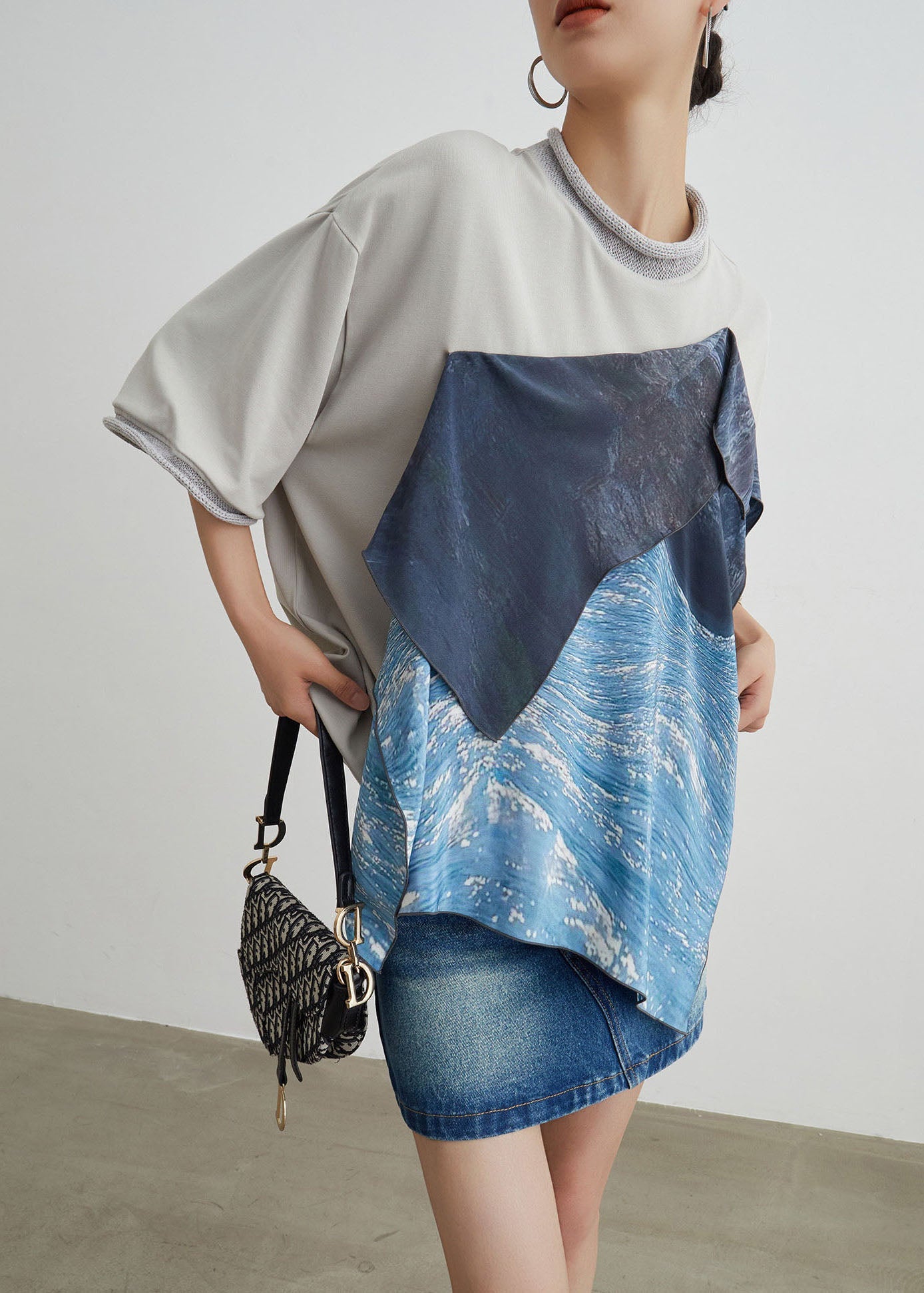 Stylish O-neck Asymmetrical Patchwork Cotton T Shirt Summer