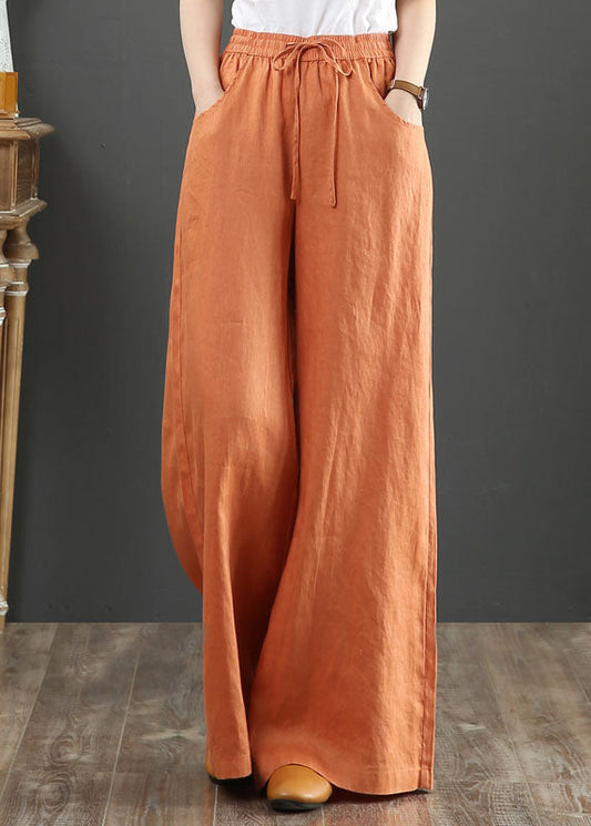 Orange Elastic Waist Linen Straight Pants Color Drawstring Summer