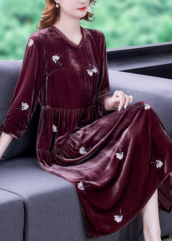 Stylish Bean Paste Red V Neck Embroideried Velour Dresses Spring