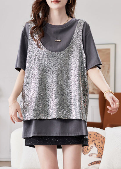Boutique Grey O-neck Sequins Patchwork Fake Two Pieces Silk T Shirt Short Sleeve