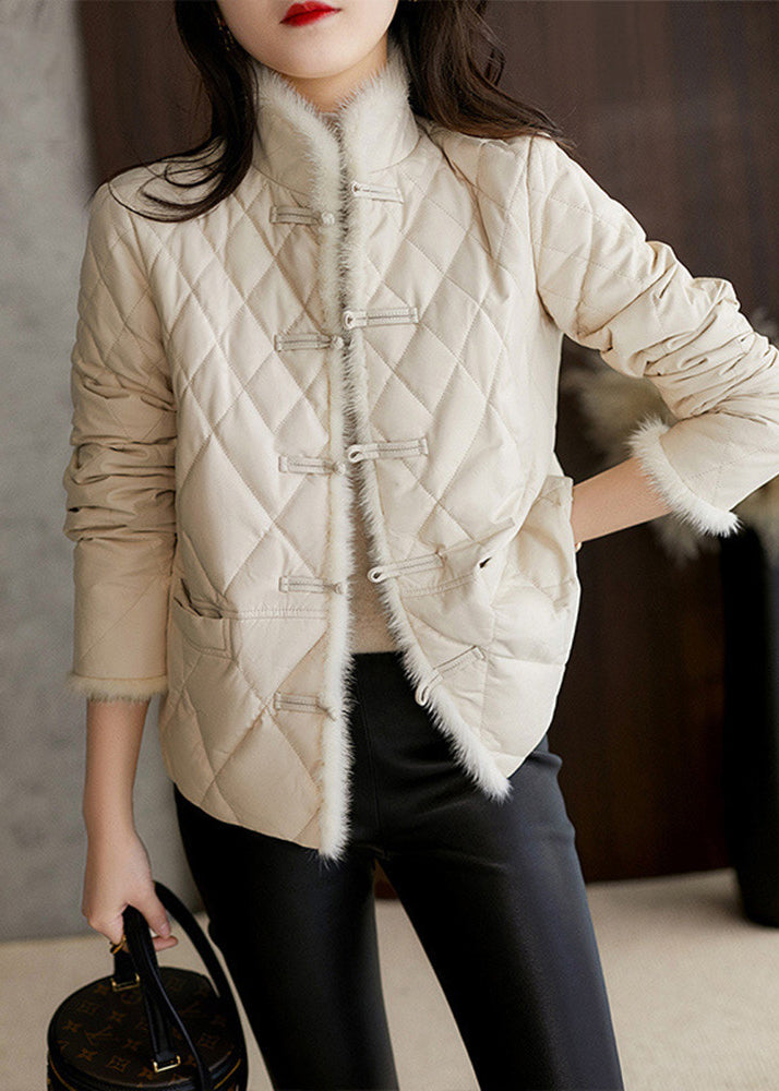 White Stand Collar Button Pockets Sheepskin Down Coat Long Sleeve