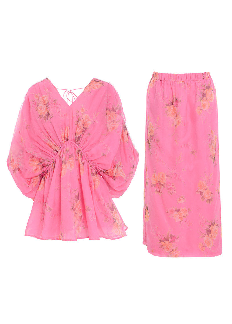 Art Rose V Neck Print Silk Top and Skirts Two Pieces Set Summer