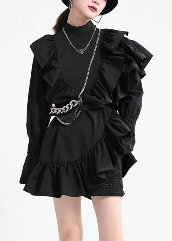 Diy Black Stand Collar Asymmetrical Ruffled Dresses Spring