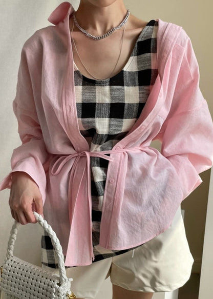 Pink Peter Pan Collar Tie Waist Shirt Spring