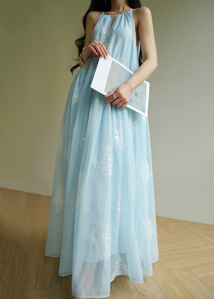 Blue Embroidered Patchwork Silk Maxi Dress Sleeveless