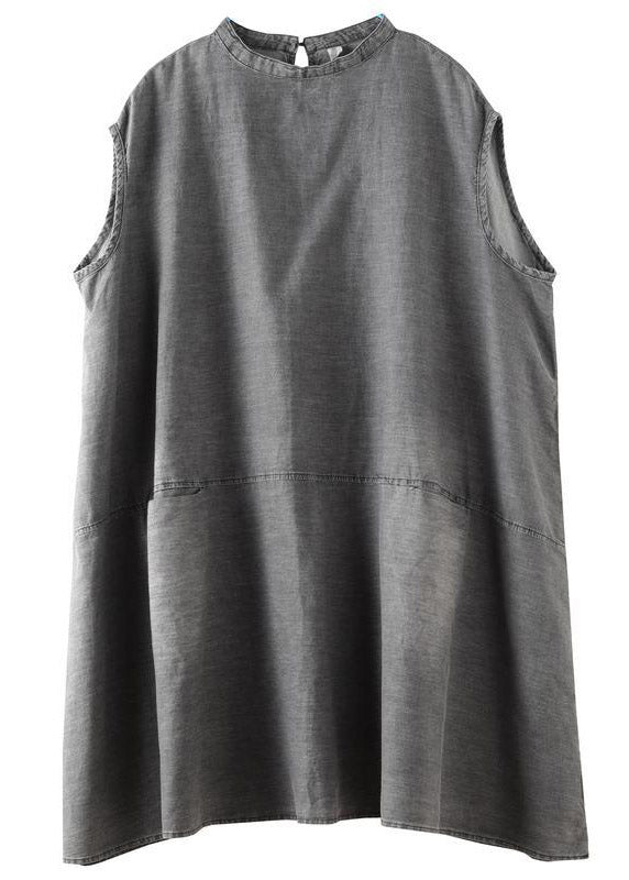 Boutique Grey Stand Collar Patchwork Mid Dress Summer