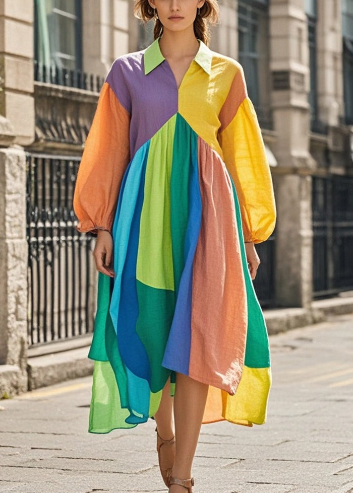Colorblock Asymmetrical Patchwork Cotton Maxi Dresses Fall