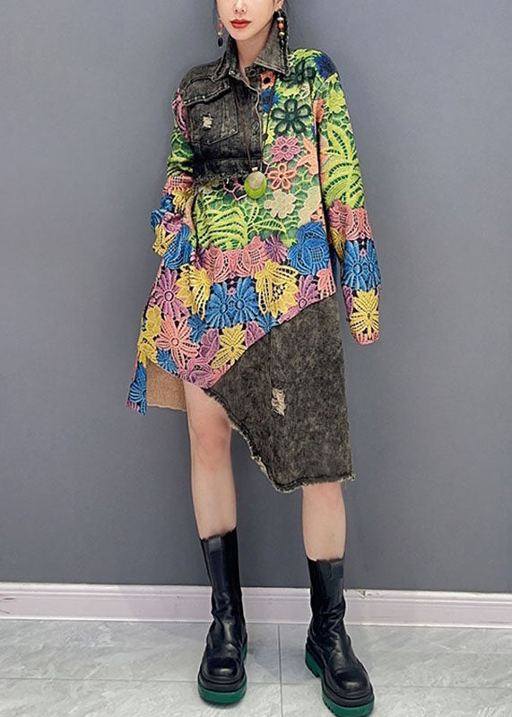 Green Peter Pan Collar Asymmetrical Print Vacation Mid Dresses Long Sleeve