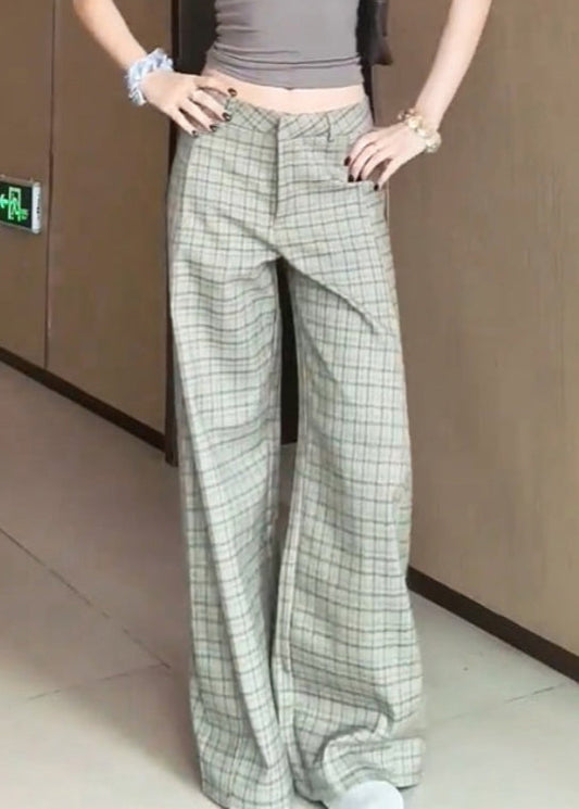 Plaid High Waist Cotton Wide Leg Pants Fall