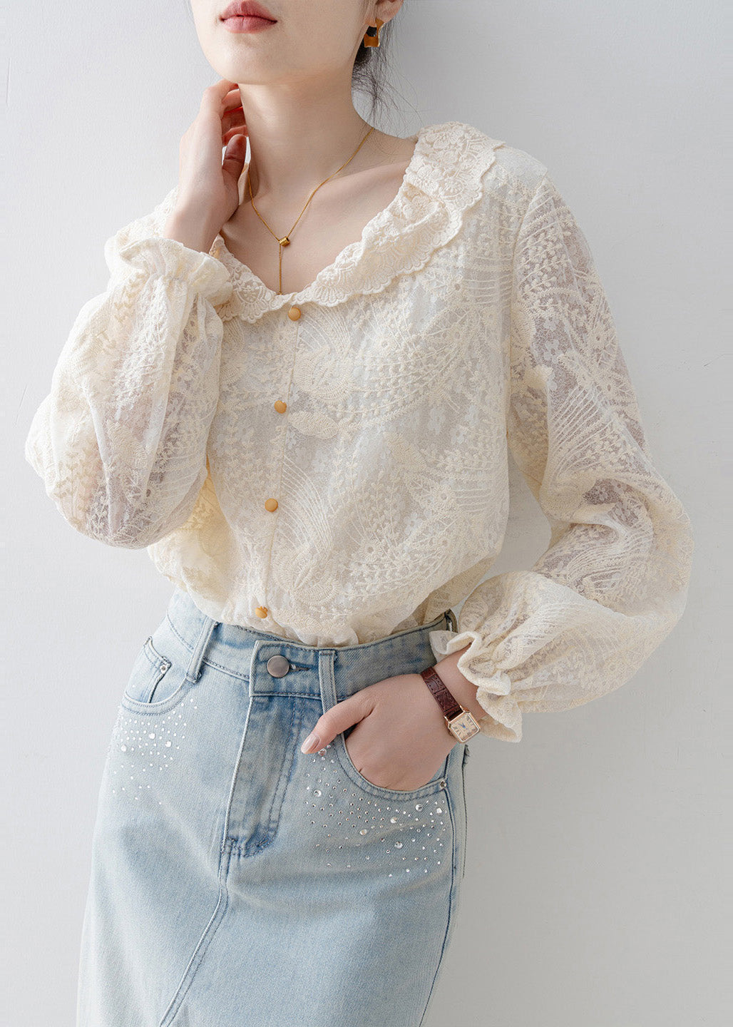 Apricot Embroidered Lace Shirt Tops Spring
