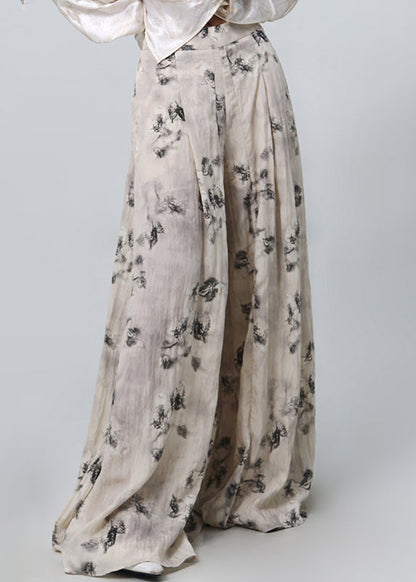Print Pockets High Waist Cotton Wide Leg Pants Spring