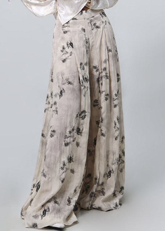 Print Pockets High Waist Cotton Wide Leg Pants Spring