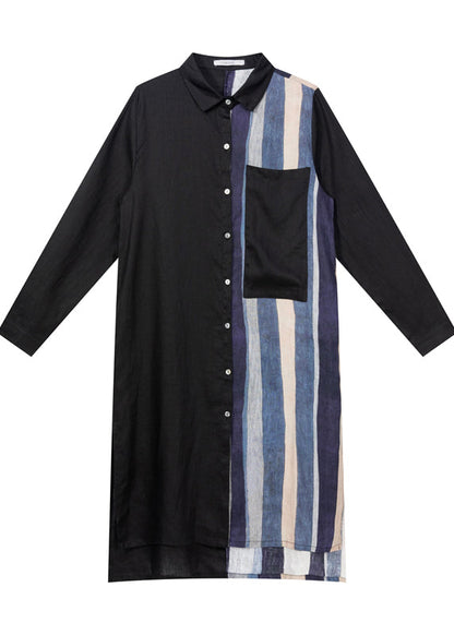 Black Low High Design Striped Linen Long Shirt Spring