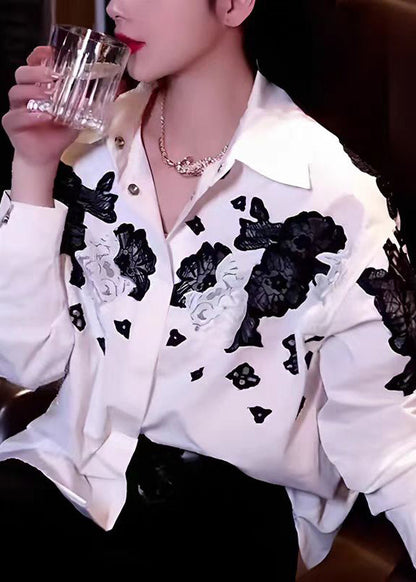 White Peter Pan Collar Hollow Out Cotton Tops Fall