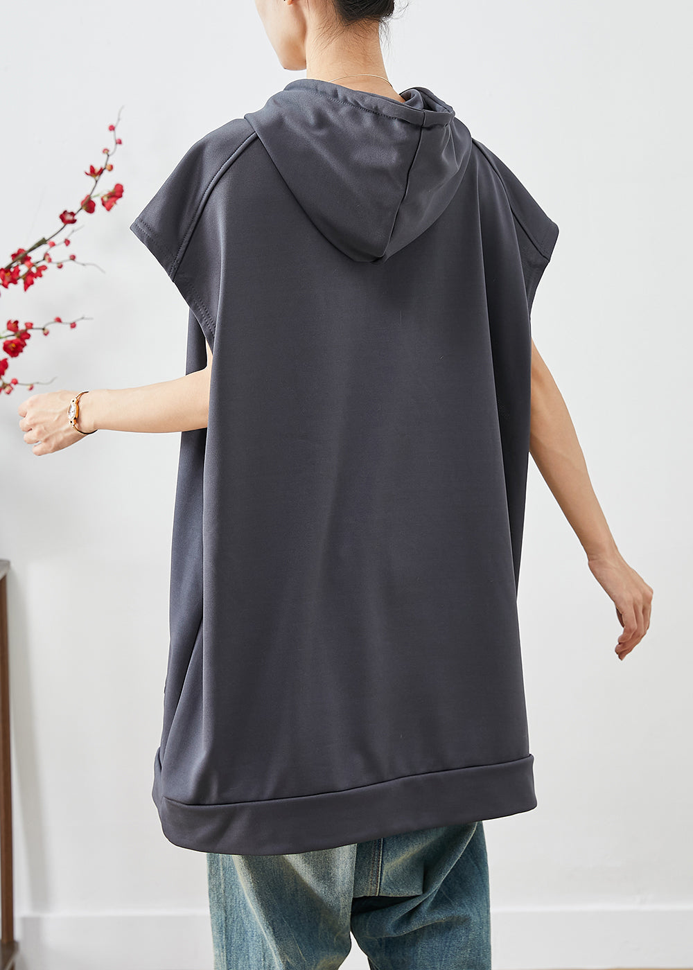 Grey Hooded Pockets Cotton Sweatshirts Tops Summer
