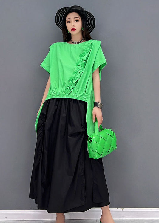 Green Asymmetrical Ruffled Patchwork Low High Design Two Piece Set Clothing Summer