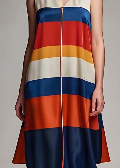 Colorblock V Neck Striped Silk Dresses Sleeveless