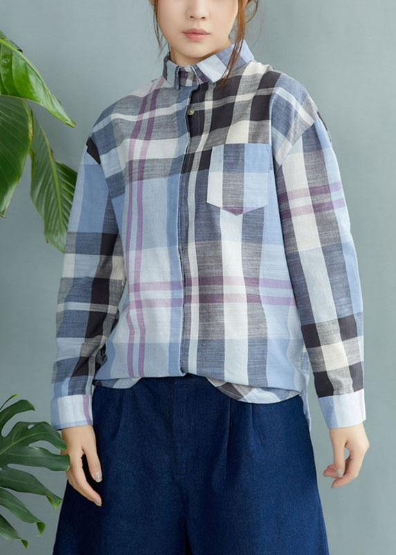 Fine Blue Plaid Print Pockets Button Fall Shirt Long Sleeve