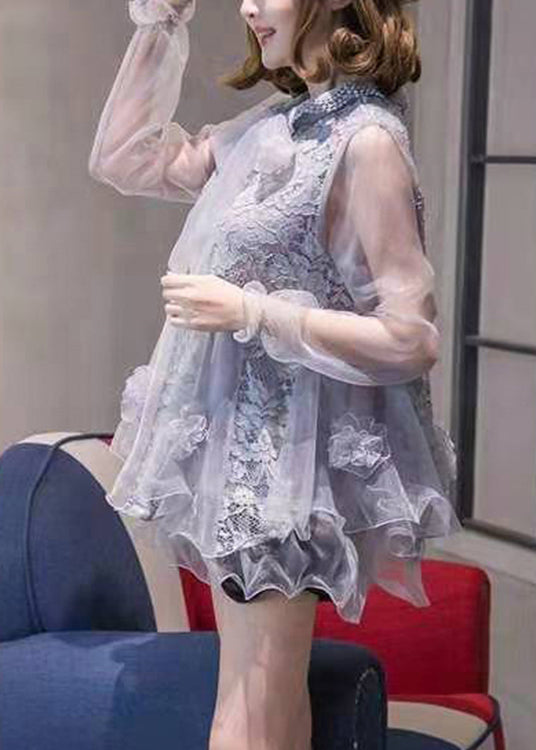 Stylish Silver Ruffled Patchwork Organza Tops Spring