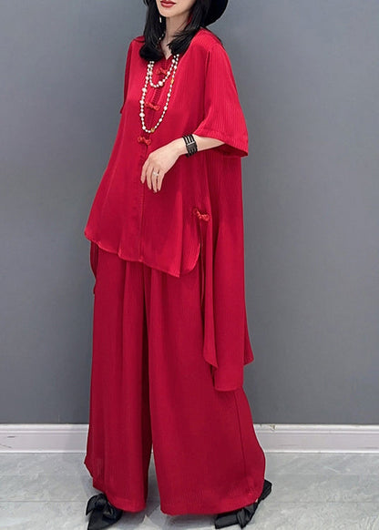 Diy Red V Neck Asymmetrical Shirts and Wide Leg Pants Two Piece Set Spring