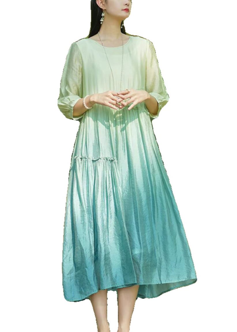 Gradient Color O-neck Ruffled Cotton Long Dresses Bracelet Sleeve Summer