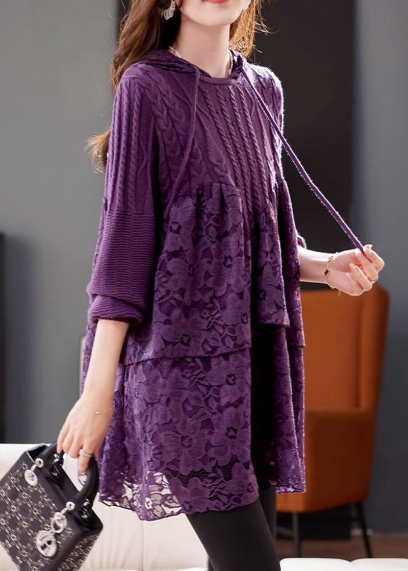 Purple Hooded Lace Patchwork Knit Dresses Winter