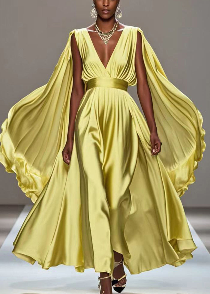 Fitted Yellow Cinched Exra Large Hem Silk Ankle Dress Summer