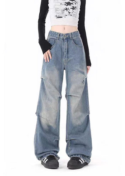 Blue Pockets Wrinkled Denim Wide Leg Pants Spring