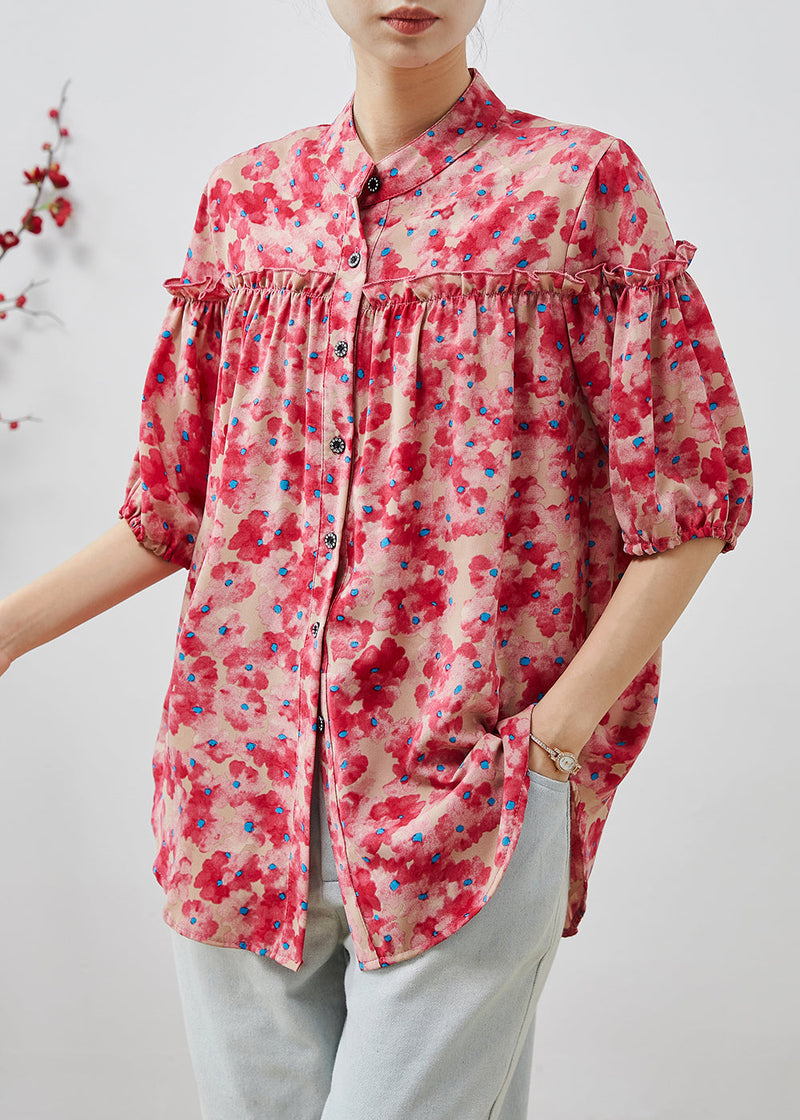 Pink Ruffled Print Chiffon Shirts Summer