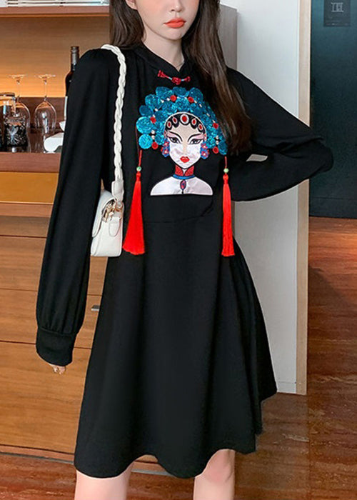 Black Tasseled Print Patchwork Cotton Dress Fall