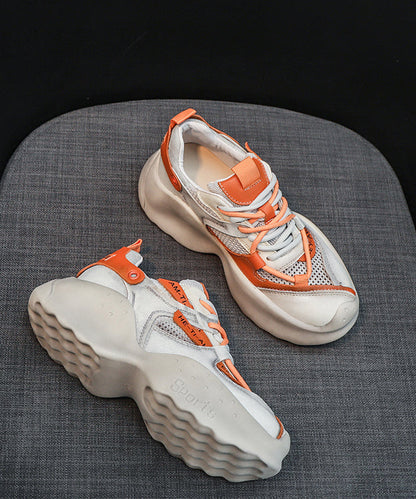 Handmade Orange Cowhide Leather Lace Up High Wedge Heels Shoes