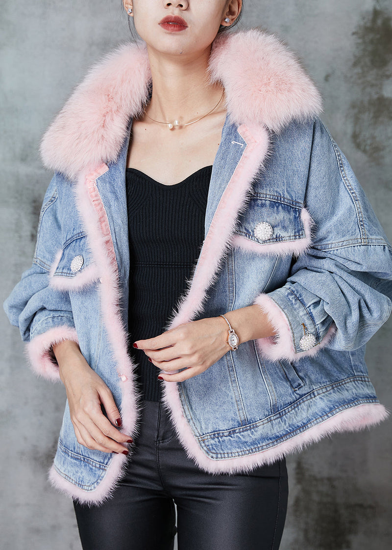 Blue Raccoon Hair Collar Patchwork Fine Cotton Filled Denim Jackets Winter