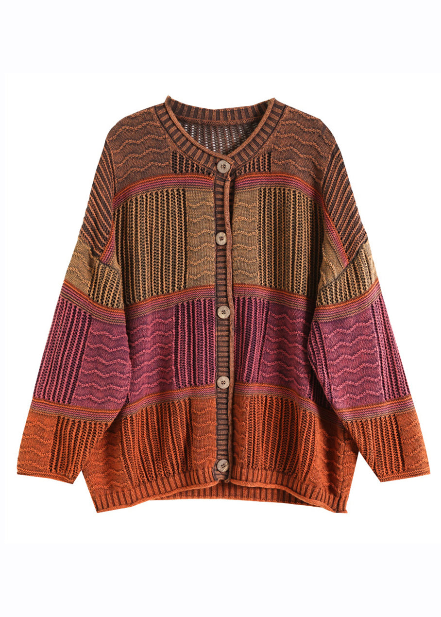 Orange O-neck Striped Patchwork Button Cotton Knit Cardigan Spring