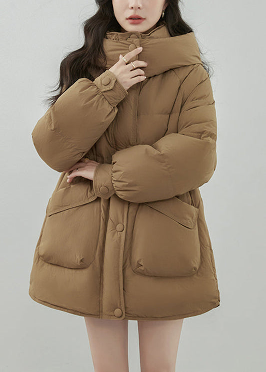 Khaki Hooded Zip Up Pockets Duck Down Coats Winter