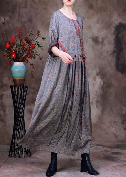 Style O-neck Print Wrinkled Silk Ankle Dress Long Sleeve