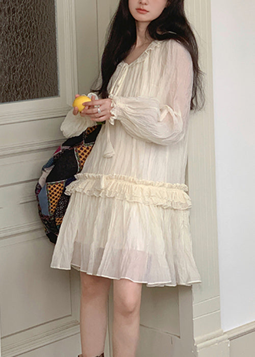 Apricot Lace Up Ruffled Silk Mini Dresses Fall