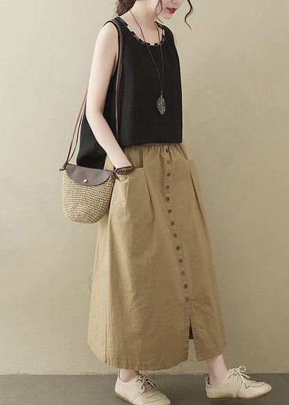 Style Khaki Elastic Waist Buttons Cotton a Line Skirt Summer
