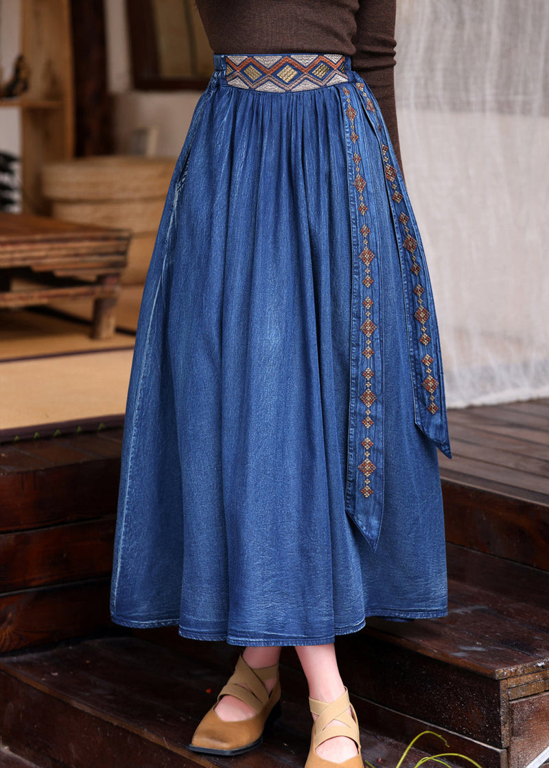 Blue Patchwork Embroidered Tassel Elastic Waist a Line Denim Skirt
