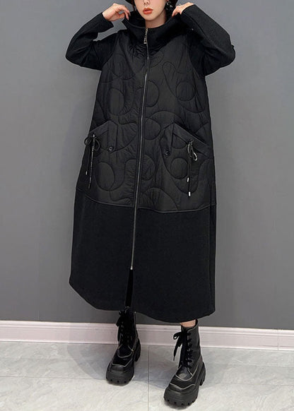 Black Hooded Pockets Patchwork Fine Cotton Filled Witner Coats