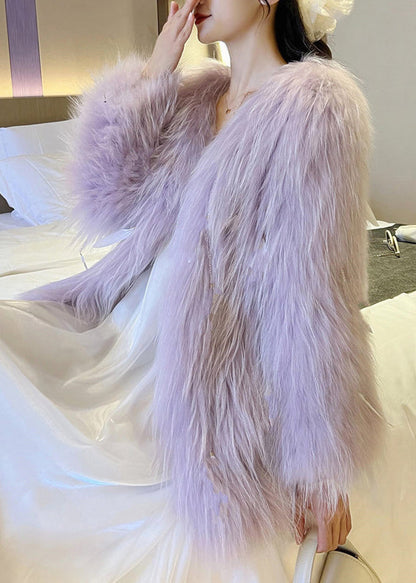 Vogue Light Green V Neck Button Leather and Fur Coat Winter
