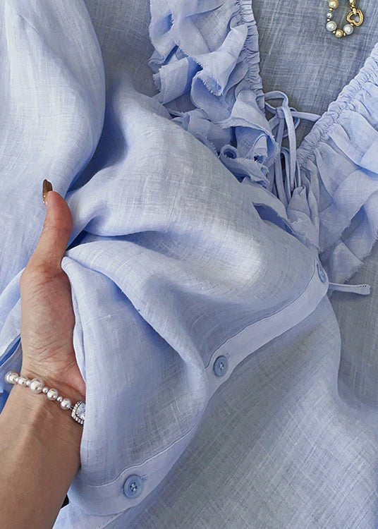 Blue Ruffled Lace Up Button Cotton Blouses Fall