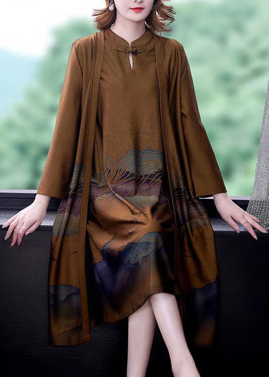 Italian Yellow Stand Collar Print Silk Trench Coats and Dress Two Piece Set Long Sleeve