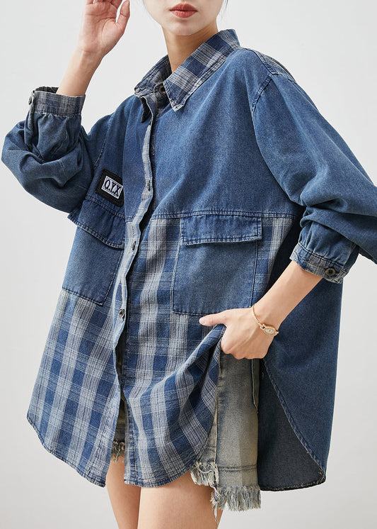 Diy Blue Oversized Patchwork Plaid Denim Coats Spring