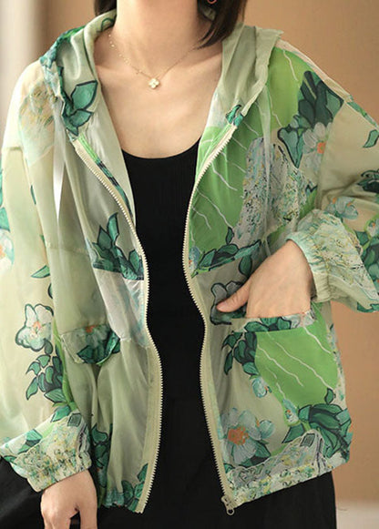 Style Green Hooded Zippered Pockets Drawstring Print Upf 50+ Coat Jackets Summer